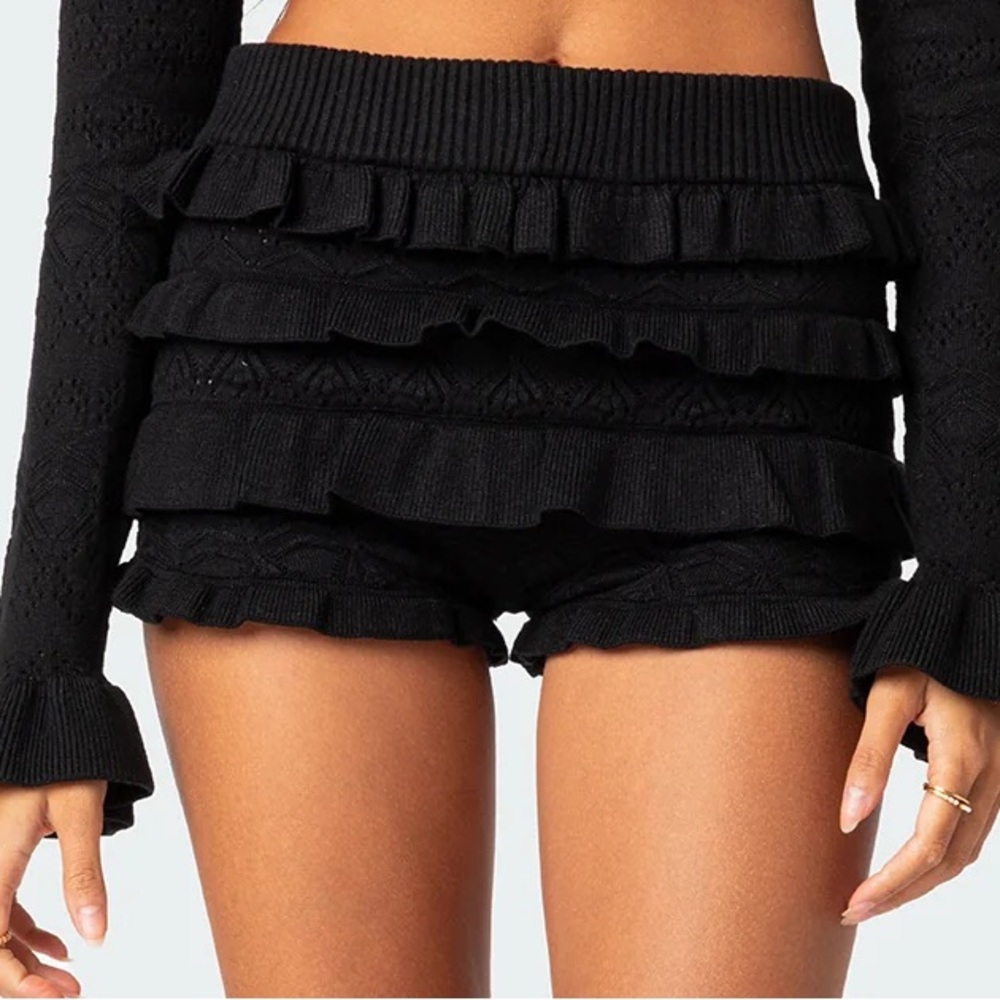 EDIKTED Black Ruffle Shorts